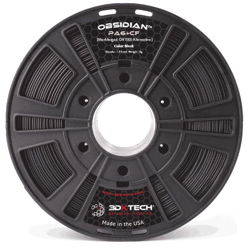 3DXTECH OBSIDIAN PA6+CF carbon fiber nylon filament spool in black, 1.75mm diameter, 1kg, a Markforged Onyx alternative