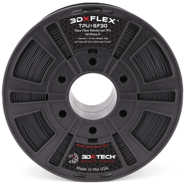 Spool of 3DXFLEX TPU+GF30 glass fiber reinforced TPU flexible filament, 60 Shore D, 1.75mm, 500g, made in the USA by 3DXTECH